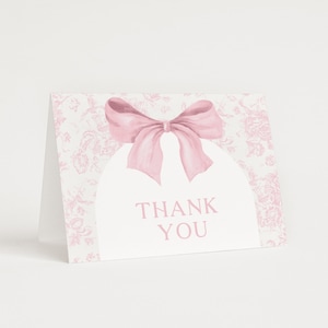 Carte de remerciement élégante en toile florale rose avec noeud, carte de gratitude d'inspiration vintage, shower de mariage, baby shower, mot de remerciement d'anniversaire