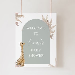 Boho giraffe baby shower welcome sign, sage green modern arch, editable template