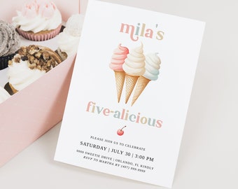 Ice Cream 5th Birthday Invitation, Editable Digital Template, Printable, Instant Download, DIY Party Invite