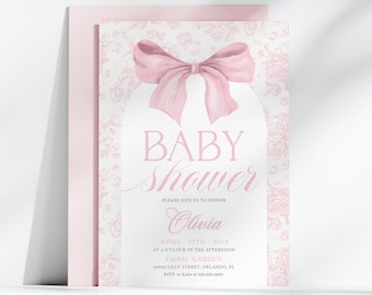 Pink Floral Toile Baby Shower Invitation: Customizable Template