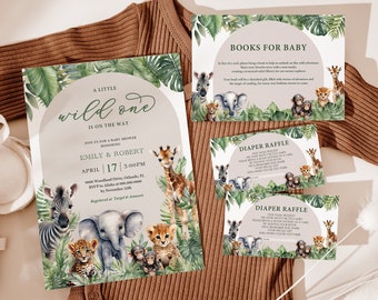 May include: A baby shower invitation with a jungle theme. The invitation features a watercolor illustration of a giraffe, zebra, elephant, lion, and monkey. The text on the invitation reads "A Little Wild One is on the Way" and includes the names Emily & Robert, the date April 17, and the time 3:00PM.
