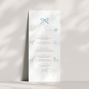 Blaues Toile Safari-Themen-Menü, elegantes Babyparty-Menü, Vintage Safari Party-Menü, personalisiertes Event-Menü