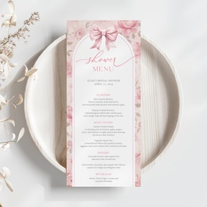 Plantilla editable de menú de despedida de soltera - Estilo elegante de Love Shack, descarga instantánea, diseño floral rosa