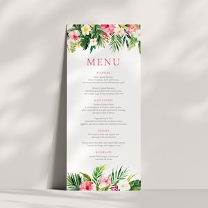 Diseño elegante de menú tropical, menú de boda personalizable, plantilla de menú floral imprimible