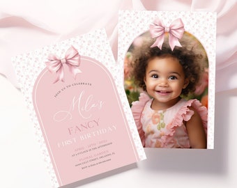 First Birthday Photo Invitation - Love Shack Fancy Style Pink Toile, Editable Template, Printable Pink Floral Invite