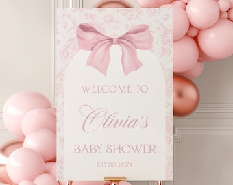 Toile Baby Shower Welcome Sign: Vintage Pink Bow, Editable Template