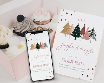 May include: A digital and printed invitation for a holiday party with a festive design featuring stylized Christmas trees in shades of pink, green, and gold. The text reads "Let's jingle & mingle" and "Join us for a Holiday Party".