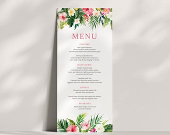 May include: A vertical menu card featuring a white background with watercolor illustrations of tropical flowers and green palm leaves at the top and bottom. The text MENU is printed in pink, followed by sections for starters, main course, dessert, and beverages.