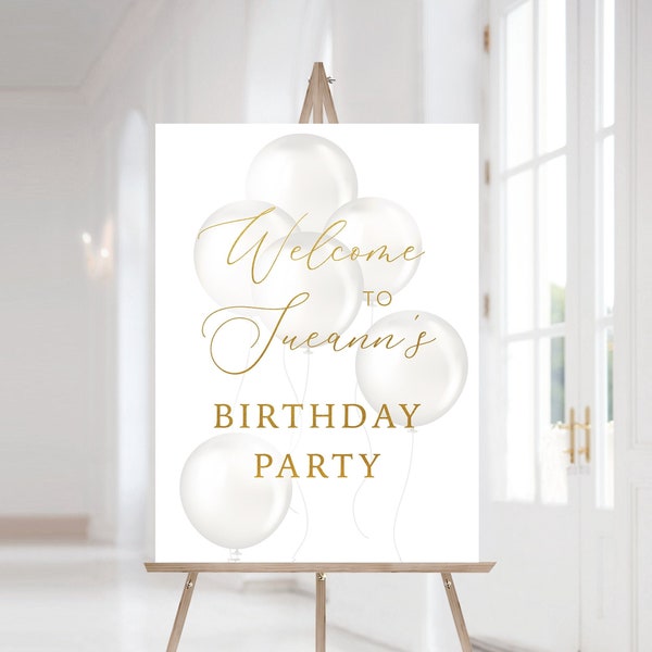 Birthday welcome sign template, white and gold balloons, any age