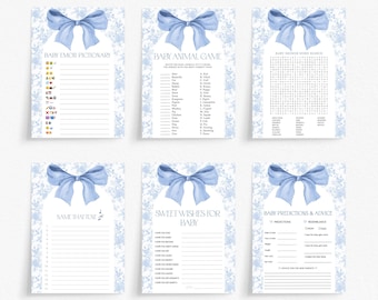 Giochi per baby shower a tema floreale Blue Toile, tema elegante, set stampabile con download immediato.