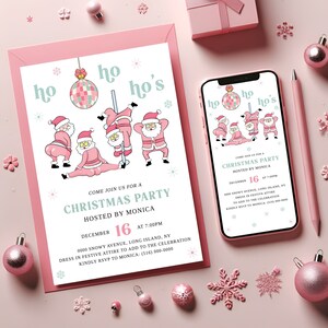 Plantilla de invitación divertida de Friendsmas, invitación navideña digital editable para adultos, ho ho ho