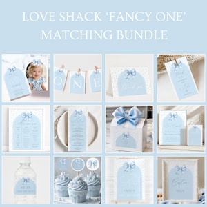 Paquete de cumpleaños "Fancy One" de Blue Toile Love Shack: set de fiesta personalizable con invitaciones, póster de hito y decoración