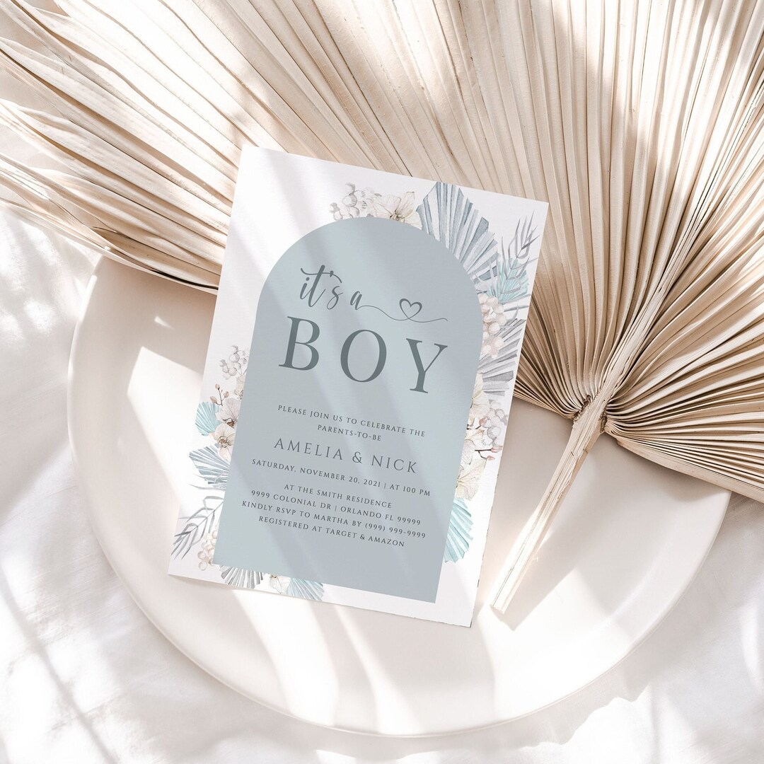 Boho Baby Shower Boy Invitation Editable Template Boho Pampas Grass ...
