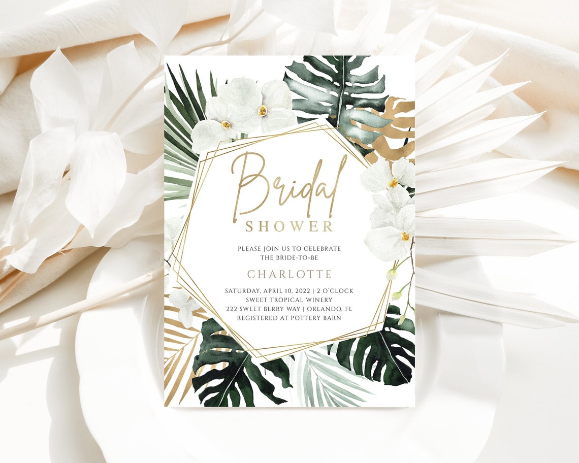 Bridal Shower Tropical Greenery Invitation Template Editable image 1