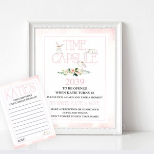 Cápsula del tiempo para el primer cumpleaños: temática floral rosa y de conejito personalizada con tarjetas con mensaje