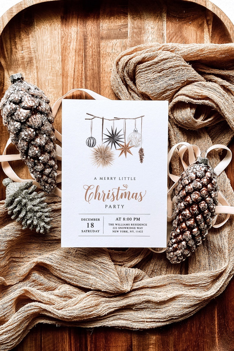 May include: A white invitation card with a hand-drawn illustration of Christmas ornaments and the text "A Merry Little Christmas Party". The invitation details a party on December 18th at 8:00 PM at the Williams Residence, 222 Snowridge Way, New York, NY, 11422.