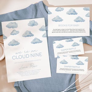 Cloud Nine Baby Shower Invitation Bundle – Editable Blue Cloud Theme Invite, Books for Baby & Diaper Raffle Cards, Digital Template Set