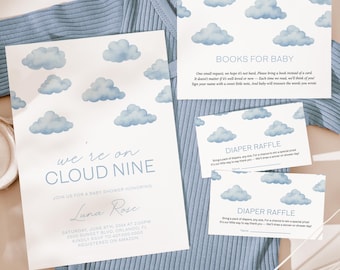 Cloud Nine Baby Shower Invitation Bundle: Blue Watercolor Theme (Digital Template Set)