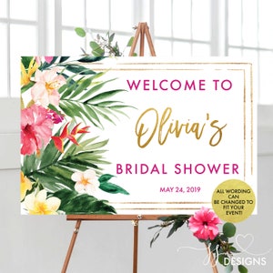 Tropical Bridal Shower Welcome Sign - Gold Script with Watercolor Florals