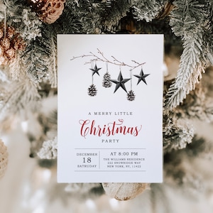 Christmas party invitation template, black Christmas with pinecones printable digital invite