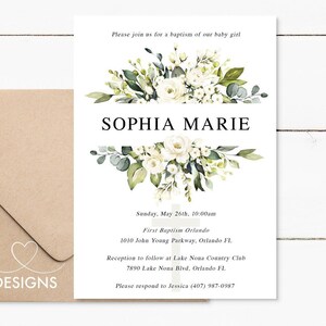 May include: A white and green floral design with a cross in the center. The text "Sophia Marie" is written below the floral design. The text "Sunday, May 26th, 10:00am" is written below the cross. The text "First Baptism Orlando" is written below the date. The text "1010 John Young Parkway, Orlando FL" is written below the church name. The text "Reception to follow at Lake Nona Country Club" is written below the address. The text "7890 Lake Nona Blvd, Orlando FL" is written below the reception location. The text "Please respond to Jessica (407) 987-0987" is written below the reception address.