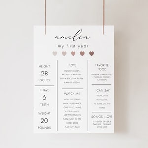 1st birthday milestone poster, Earth tones Neutral hearts, girl first birthday, editable template