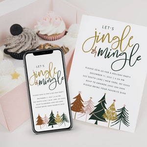May include: A digital invitation for a holiday party with the text "Let's Jingle & Mingle" in gold and green lettering. The invitation features a festive design with stylized Christmas trees in shades of green, gold, pink, and brown.