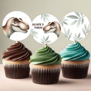 Editable T-Rex Cupcake Topper Set, 3 Dinosaur Design Templates, Personalized Dino Party Decor, Printable Cupcake Picks