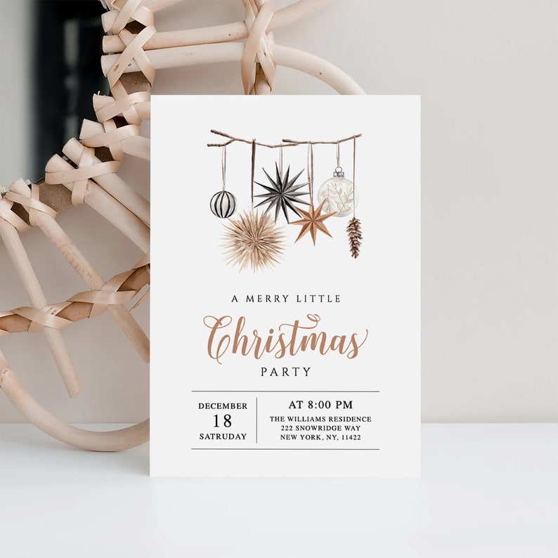 May include: A Christmas party invitation with a watercolor illustration of ornaments hanging from a branch. The text reads "A Merry Little Christmas Party" with the date and time of the party below.