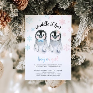 Invitación para revelar el género de un pingüino / ¿Será niño o niña? / Plantilla digital editable / Revelación única del bebé
