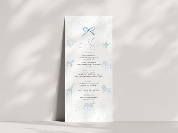 Blue Toile Safari Menu: Elegant Baby Shower, Personalized Event (Editable Template)
