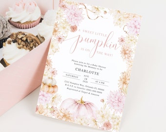 May include: A pink and white baby shower invitation with a floral border and a pumpkin illustration. The text reads "A Sweet Little Pumpkin is on the Way!" and includes the name Charlotte, date, time, and location of the event. RSVP information and registry details are also included.
