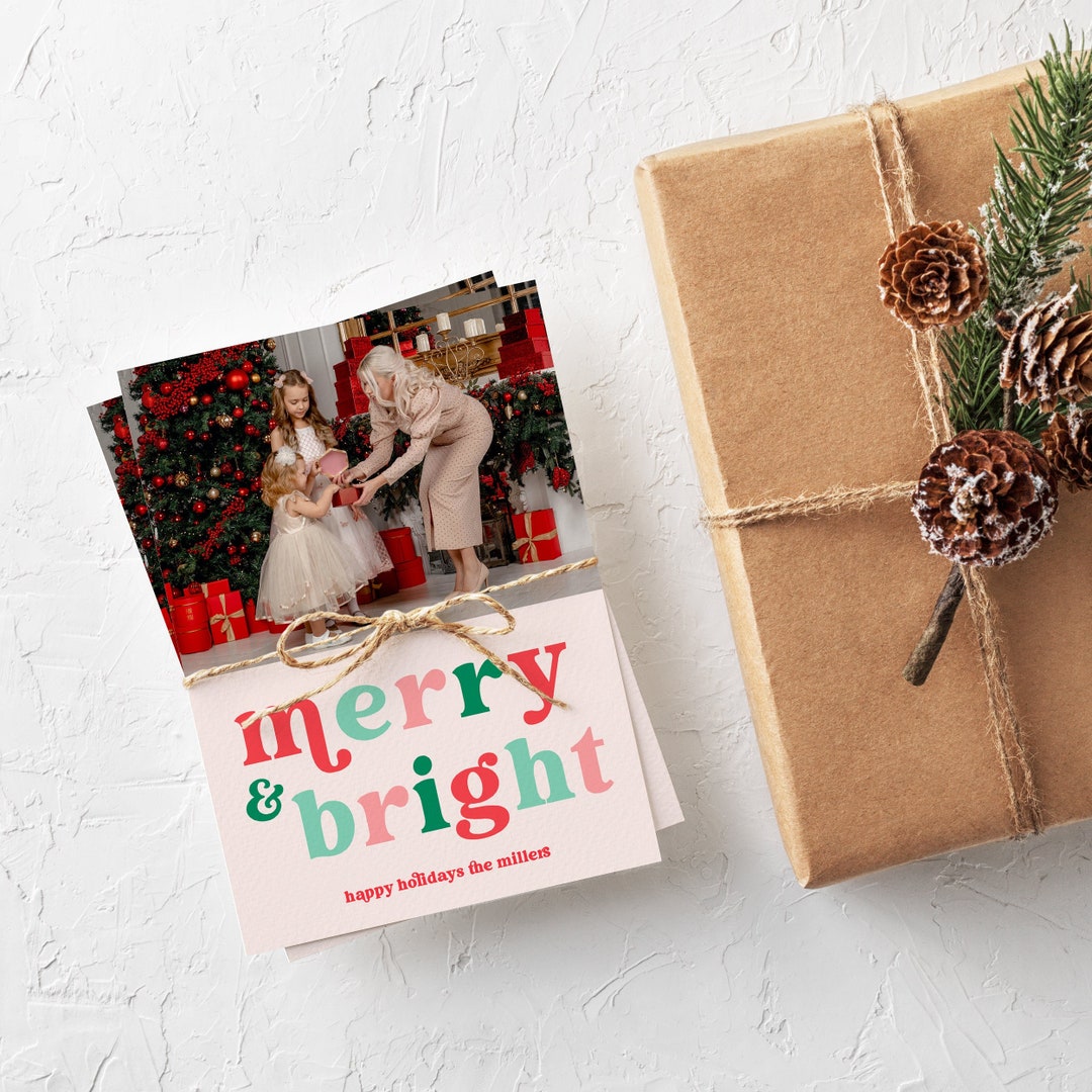 Retro Hippie Christmas Photo Card Template, Colorful Christmas Photo ...