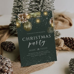 Elegante invitación digital navideña: plantilla editable de piña verde, invitación festiva para fiestas navideñas, tarjeta contemporánea para eventos invernales.