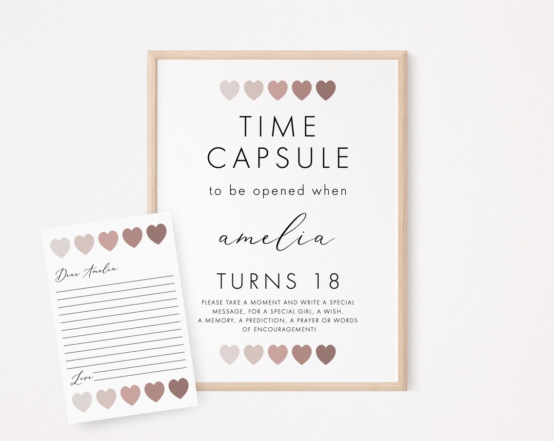 1st Birthday Time Capsule, Earth Tone Neutral Hearts, Editable Template