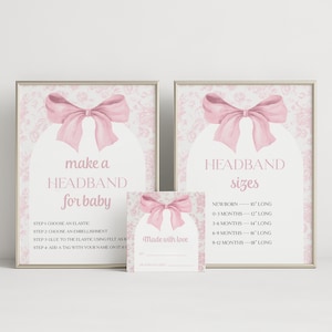 Make a Headband for Baby Sign, Editable Printable Bow Headband Station, Size Guide & Tag Cards, Pink Baby Shower Activity Template Set