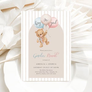 Gender Reveal teddy bear invitation editable template modern arch neutral tones