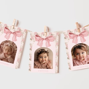 Plantilla de pancarta con motivo de hitos de bebé con lazo rosa vintage, guirnalda de fotos florales editable