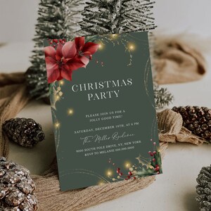 May include: A green Christmas party invitation with gold glitter and a red poinsettia. The text reads "Christmas Party" and "Please join us for a jolly good time!"  The invitation also includes the date, time, and location of the party. RSVP to Melanie 000.000.0000.