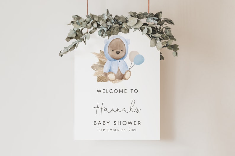 Blue Boho Teddy Bear Baby Shower Welcome Sign Instant Download - Etsy