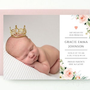 Blush Pink, Birth Announcement Template, Printable Photo Birth Announcement Card, Modern announcement,  editable Template, Instant Download