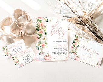 May include: A set of baby shower invitations with a floral and pumpkin theme. The invitations are pink and white with gold glitter accents. The text on the invitations reads "Oh Baby", "Join us for a baby shower honoring Ava Rose", "Saturday, October 24, 2019 at 2 o'clock", "Sweet Roses Cafe", "123 Rose Avenue | Orlando, FL", "RSVP Sandy (407) 555-1212", "Your gift registry and Amazon registry required at Target & Amazon".
