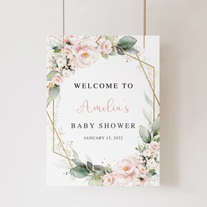 Modello modificabile per cartello di benvenuto floreale e oro per baby shower rosa cipria