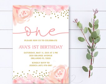 Blush pink and Gold first birthday invitation, birthday invitations, first birthday, first birthday girl, invitation template, 1st birthday