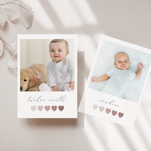 1st birthday monthly photo banner, Earth tones Neutral hearts, girl first birthday, editable template
