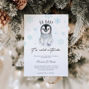 Penguin Baby Shower Invitation Template: Winter Snowflakes (Editable)
