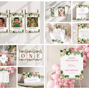 Tropical Luau First Birthday Party Decor: Pink Hibiscus (Digital Package)