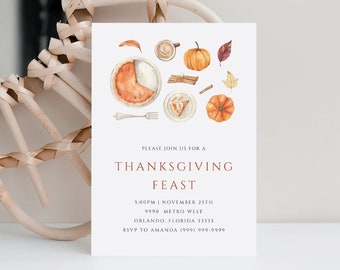 Thanksgiving dinner invitation template, pie party, printable invitation, Thanksgiving digital invitation