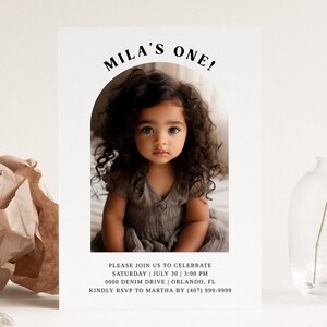 Printable First Birthday Invitation, Minimalist Photo Card for One Year Celebration, Instant Download