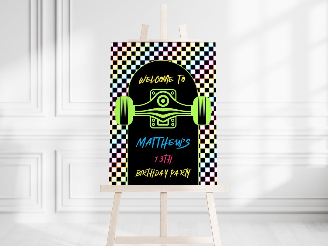 Neon Skateboard Birthday Party Welcome Sign: Editable Skater Poster ...